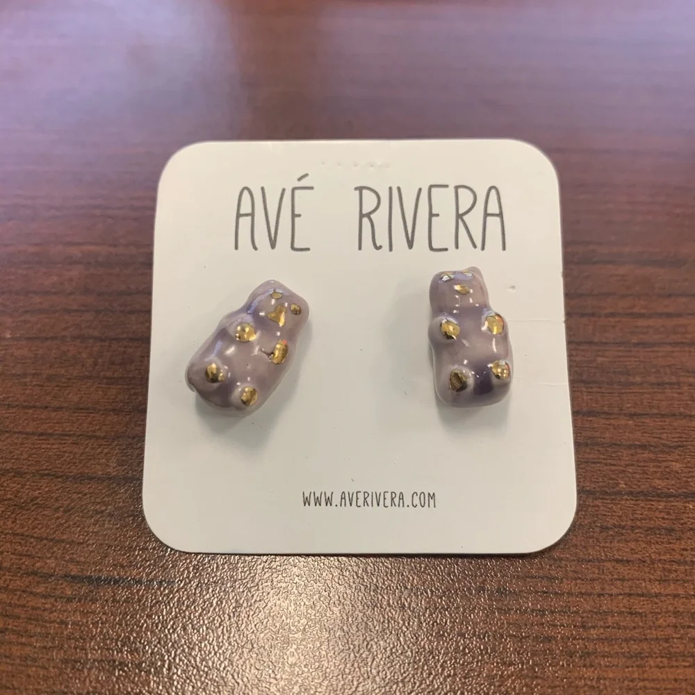 Handmade purple and gold Gummy bear stud pierced earrings by Ave Rivera - Picture 2 of 4